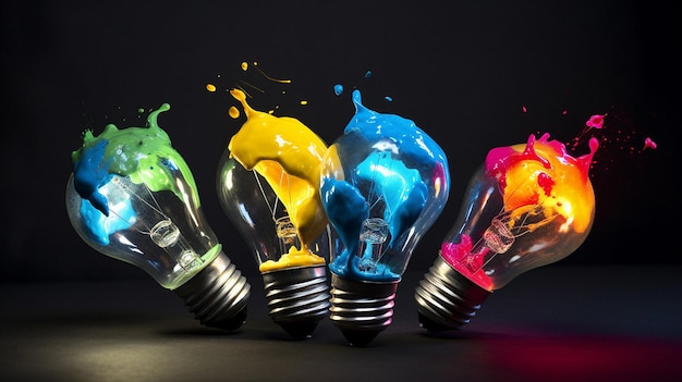 A group of light bulbs with one being filled with colored liquid.