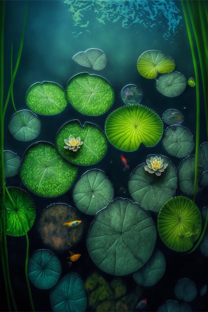Group of lily pads floating on top of a body of water generative ai