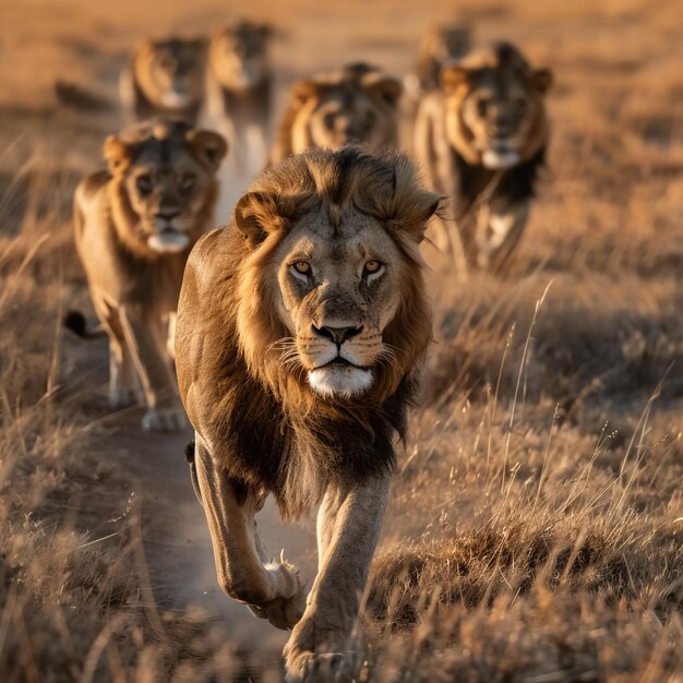 Photo a group of lions are running in the grass