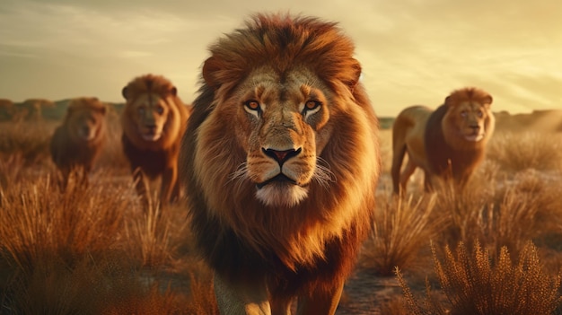 A group of lions in a field Generative AI Art