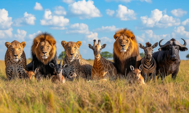 Группа львов и зебр сидит в траве