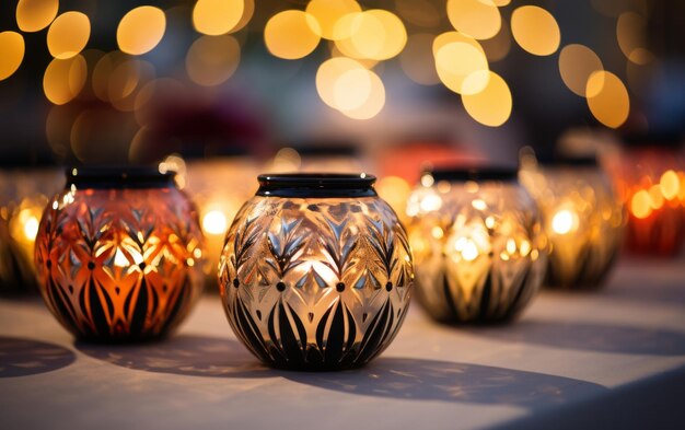 Group of lit candles casting a warm glow on table