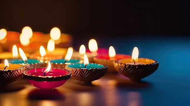 A group of lit candles in different colors are lit up in a dark room.