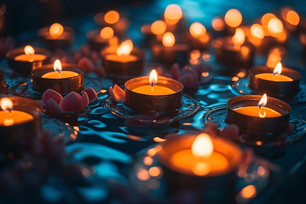 a group of lit candles sitting on top of a table