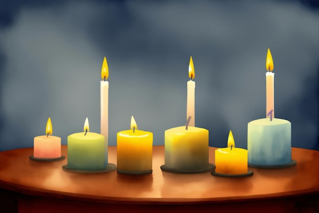 A Group Of Lit Candles Sitting On Top Of A Table