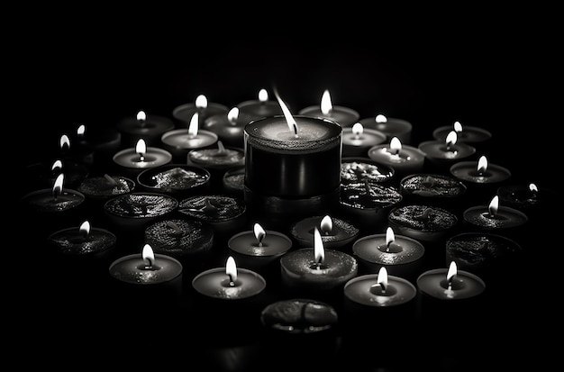 A group of lit candles with one lit up and one lit up.