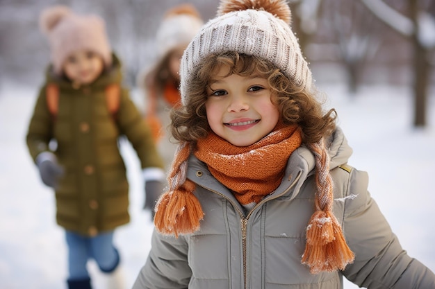 group of little children having fun during snow holidays in a park