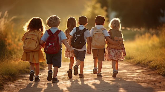A group of little children walked together in friendship First day of school On the first day of school opening
