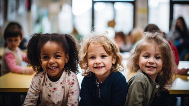 Photo group of little preschoolers sits at a desk in background of class