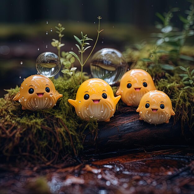 a group of little yellow animals that are sitting on a log