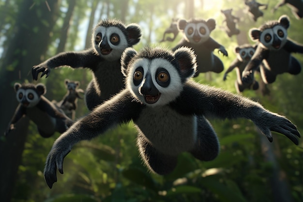 A group of lively lemurs leaping through the treet 00246 03