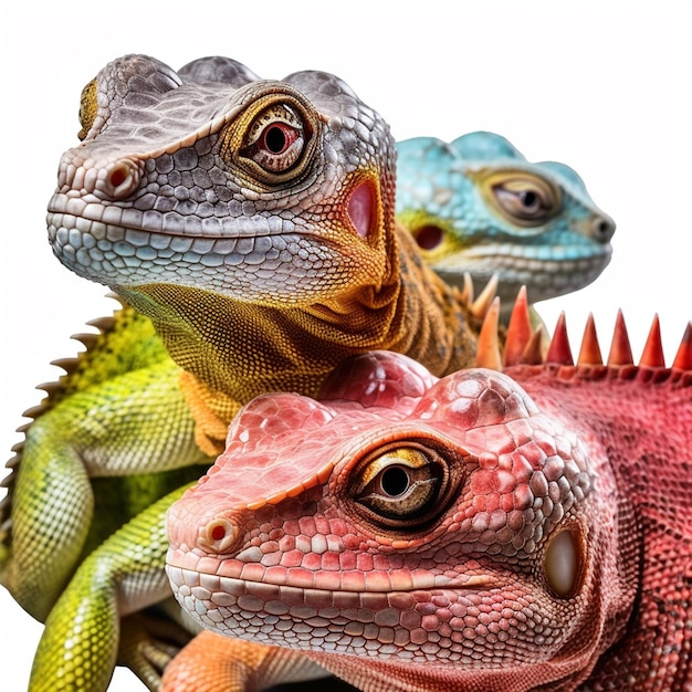 A group of lizards are sitting together and looking at the camera.