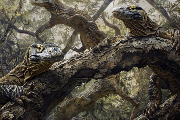 a group of lizards are on a tree branch