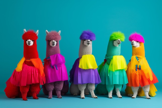 A group of llamas are lined up in colorful dresses.