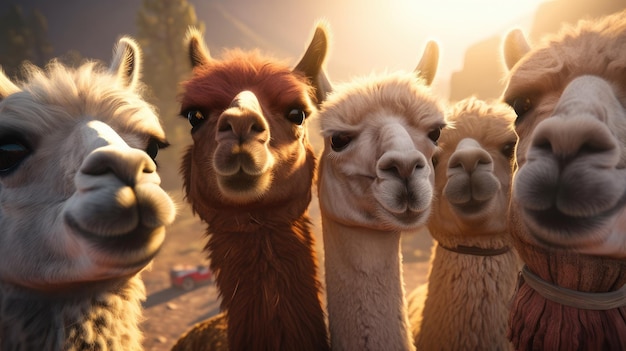 A group of llamas are lined up in front of a sunset.