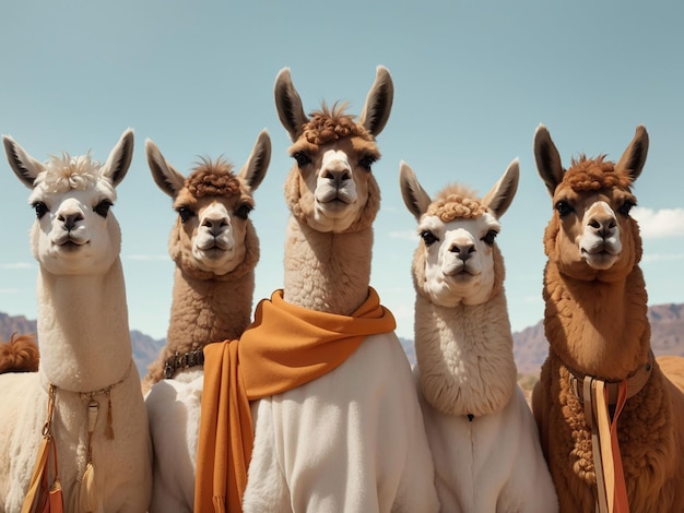 A group of llamas are lined up in a row