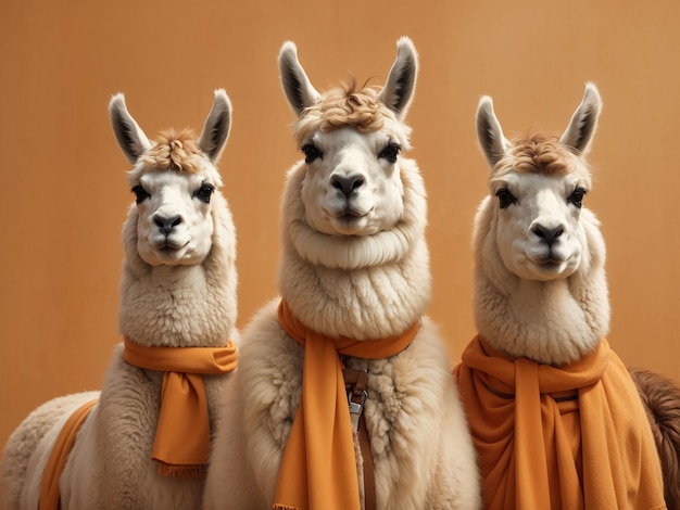 A group of llamas are lined up in a row