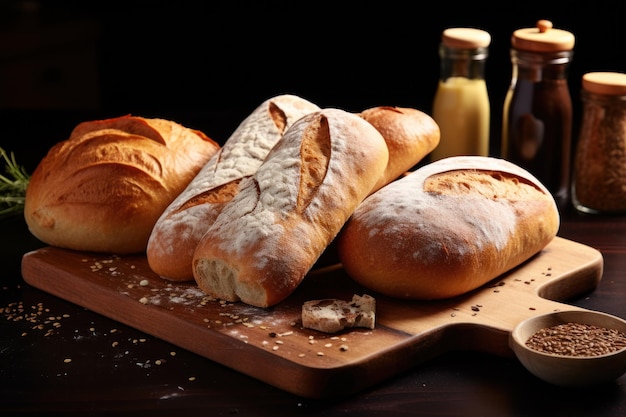 a group of loaves of bread on a cutting board