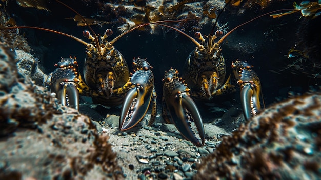 Photo a group of lobsters arthropods swim together in the water