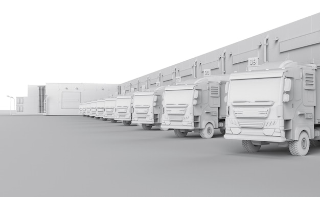 Group of logistic trailer trucks or lorries at warehouse