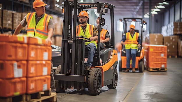 A group of logistics employees are working together in a warehouse