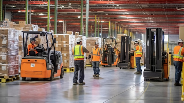 A group of logistics employees are working together in a warehouse