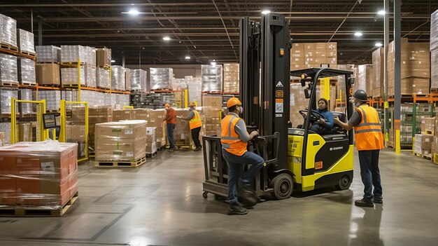 A group of logistics employees are working together in a warehouse