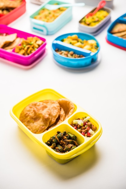 Group of Lunch Box or Tiffin for Indian kids, showing variety or multiple option or combination of healthy food for your school going children