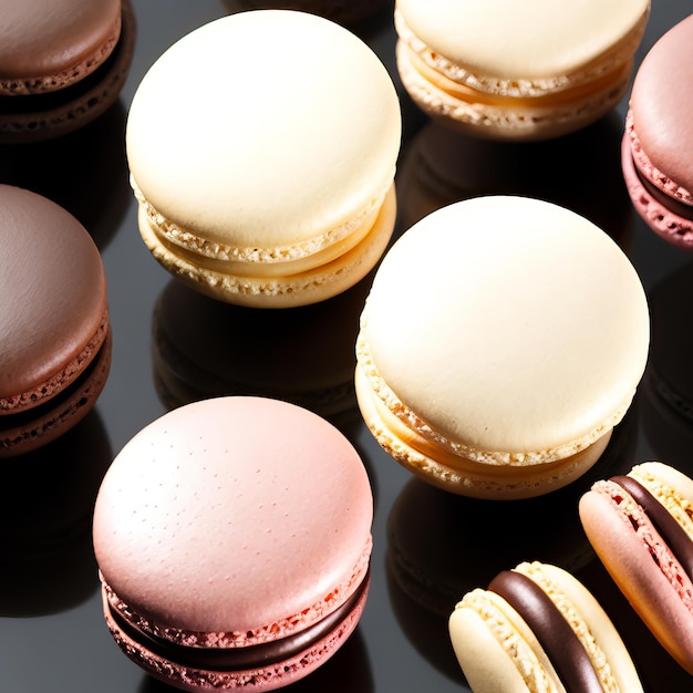 A group of macaroons are lined up on a table