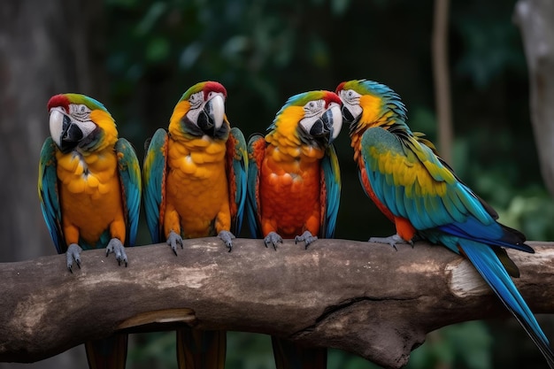 Group Of Macaws Sitting On A Tree Branch Generative AI