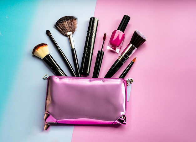 group of make up brushes in a beautiful brush bag