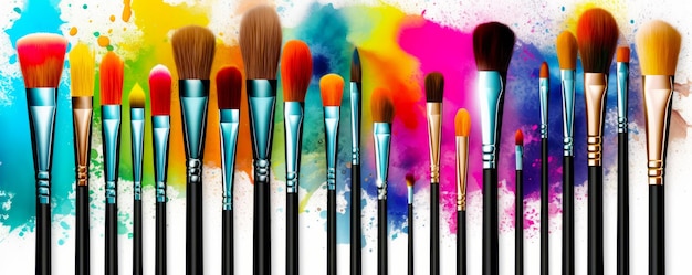 Group of makeup brushes lined up in front of multicolored background Generative AI