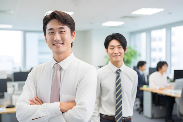 A group of male employee worker in company office background smile