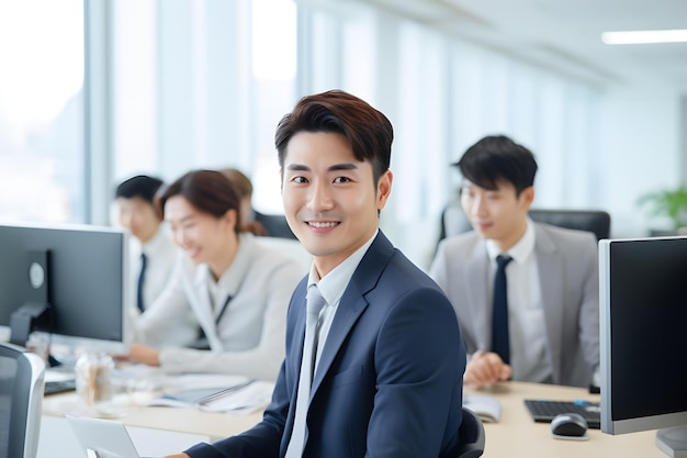 A group of male employee worker in company office background smile