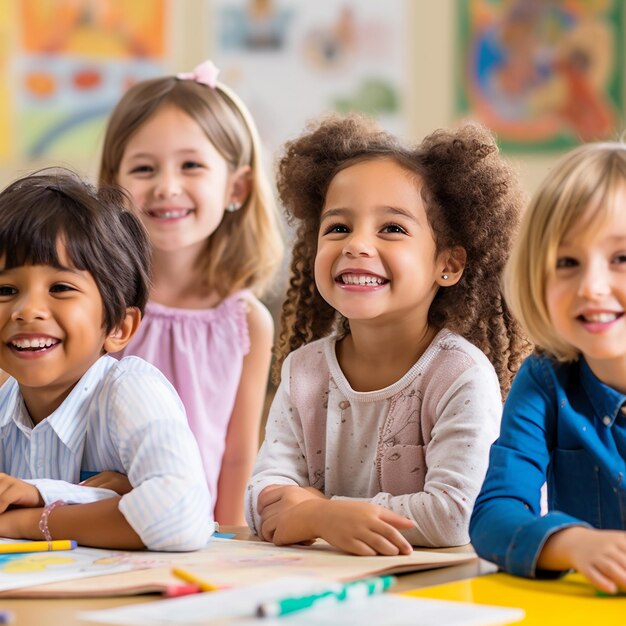 Photo group of male and female children study and drawing painting