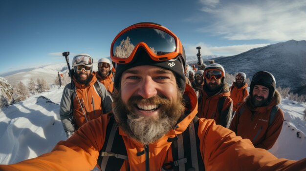 A group of male friends on a snowy mountain