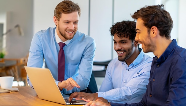 Group of man people working together on a laptop