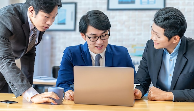 Group of man people working together on a laptop