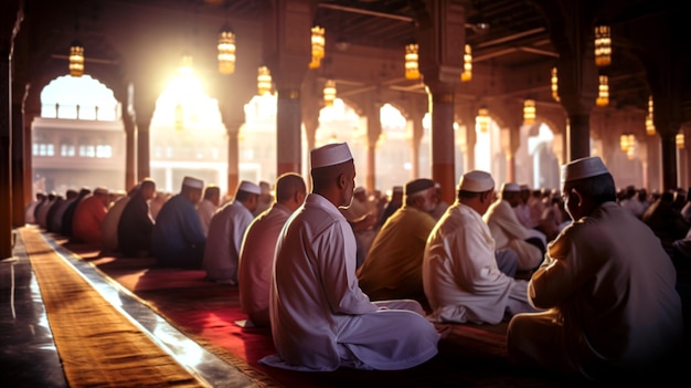 Foto gruppo di uomini che indossano la taqiyah del cappello che pregano al tempio