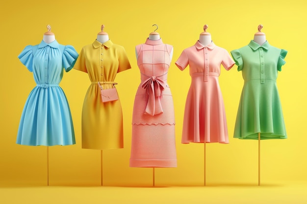 Photo a group of mannequins dressed in bright colors including yellow pink and blue