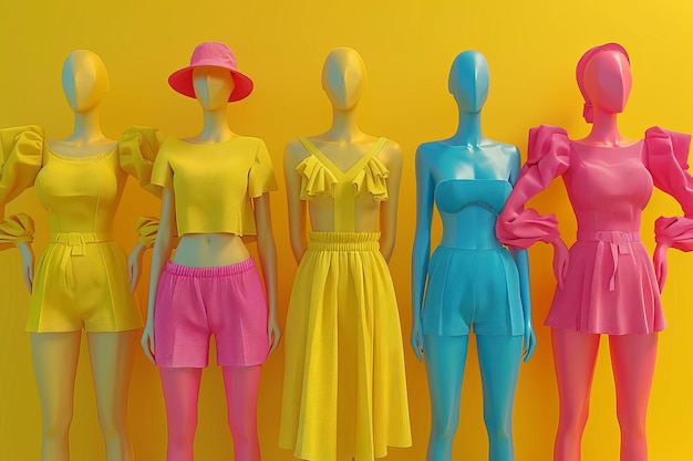 A group of mannequins dressed in bright colors including yellow pink and blue