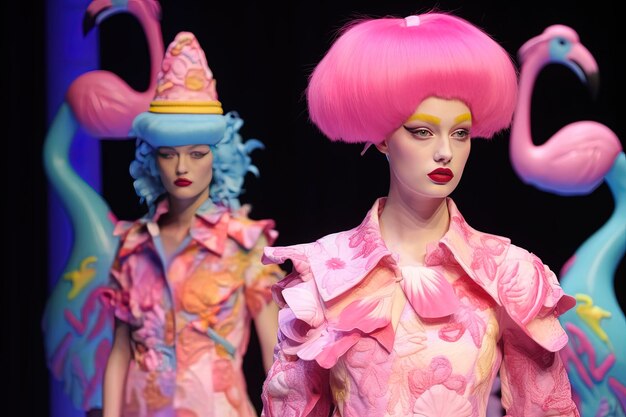 Photo a group of mannequins with pink hair and pink wigs