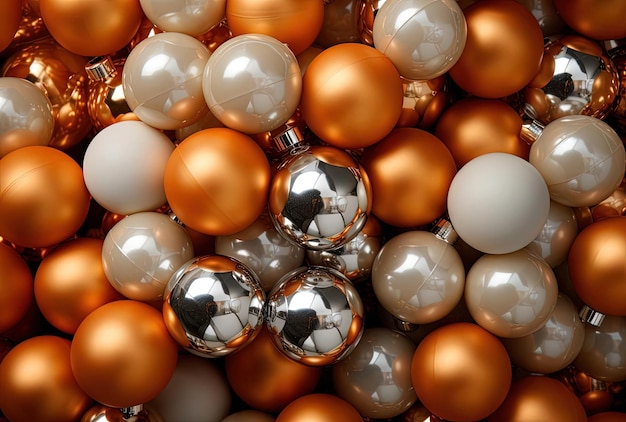 a group of many orange and silver ball ornaments is arranged in the shape of a circle