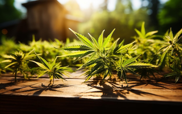 A group of marijuana plants sitting on top of a wooden table