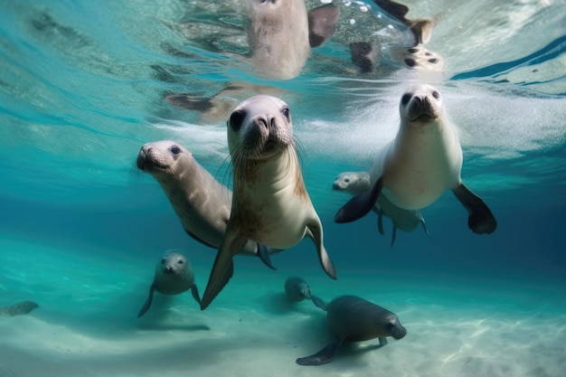 Photo group of marine mammals swimming together in crystalclear water created with generative ai