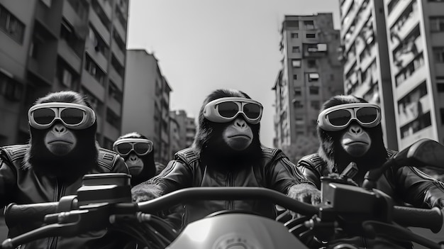 A group of masked monkeys with black sunglasses on top of a tank in the middle of the city