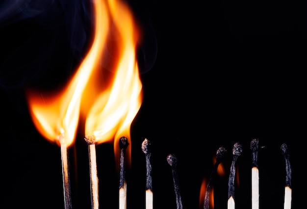 Group Of Matches Lit In Row Burning