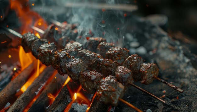 A group of meat skewers are being cooked over a fire by ai generated image