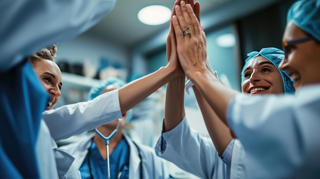 Group of medical professionals in scrubs and white coats putting their hands together in a unified gesture