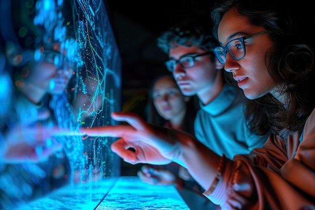 Foto un gruppo di ricercatori medici davanti a uno schermo touch plasma futuristico